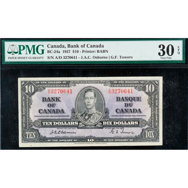 1937 $10 BC-24a #A/D3270641 "Osborne-Towers" PMG Choice Very Fine-30EPQ.  A bright example.