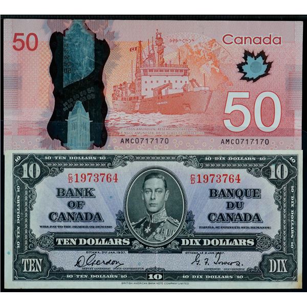 1937 $10 BC-24b #C/D1973764 EF+ & Radar; 2012 $50 #AMC0717170 VF, Lot of 2 notes.