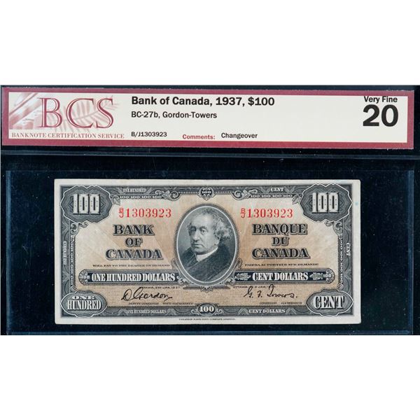 1937 $100 BC-27b #B/J1303923 BCS Very Fine-20