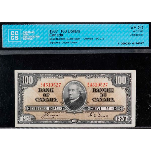 1937 Partial set; includes $2 BC-22b, $5 BC-23b, $100 BC-27c, All 3 notes CCCS/BCS Very Fine-20 to C