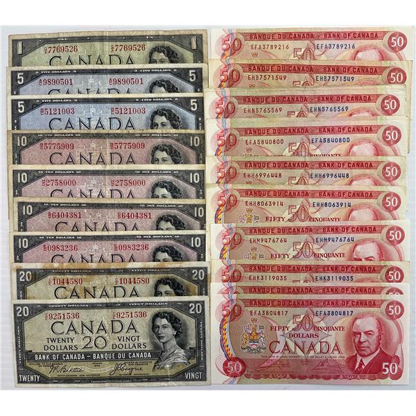 Canada Banknote Lot;  1954 Devil's Face includes $1, $5(2), $10(4), $20(2) & 1975 $50(14).  See Pic.
