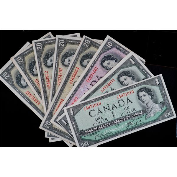 Banknote Lot; Devil's Face - 1954 $1's (2), 1954 $10, 1954 $20's (5)   Fine to EF.  Lot of 8 notes. 