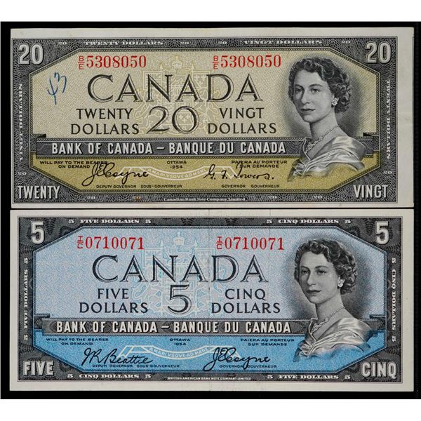 1954 $5 BC-31b & BC-33a $20 writing, Lot of 2 "Devil's Face notes" Both notes VF or better.