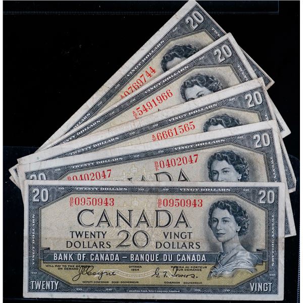 1954 $20 BC-33a Devil' Face, lot of 5 notes Fine to Very Fine.