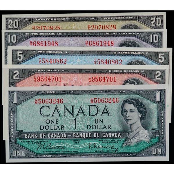 Partial Set; 1954 Modified Set; includes $1, $2, $5, $10 & $20 All 5 notes AU to Unc.