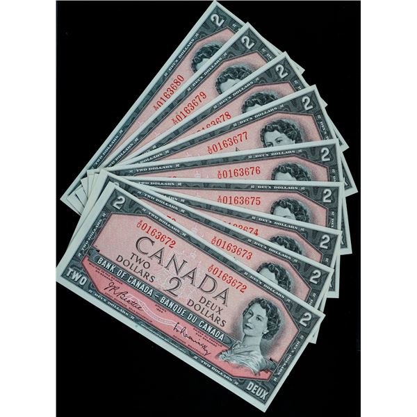1954 $2 BC-38b #X/U0163672-3680, Lot of 9 consecutive notes.  All Unc to Choice Unc.