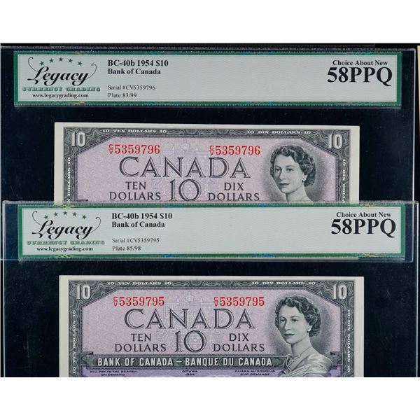 Consecutive pair; 1954 $10 BC-40b #C/V5359795-796, Both notes LCG Choice About Uncirculated-58PPQ