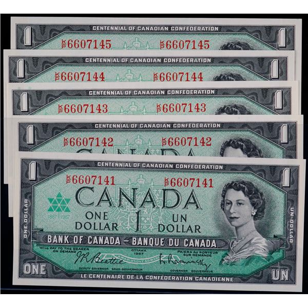 Consecutive run; 1967 $1 BC-45b #K/P6607141-145.  Lot of 5 consecutive notes.  All crisp Unc to Choi
