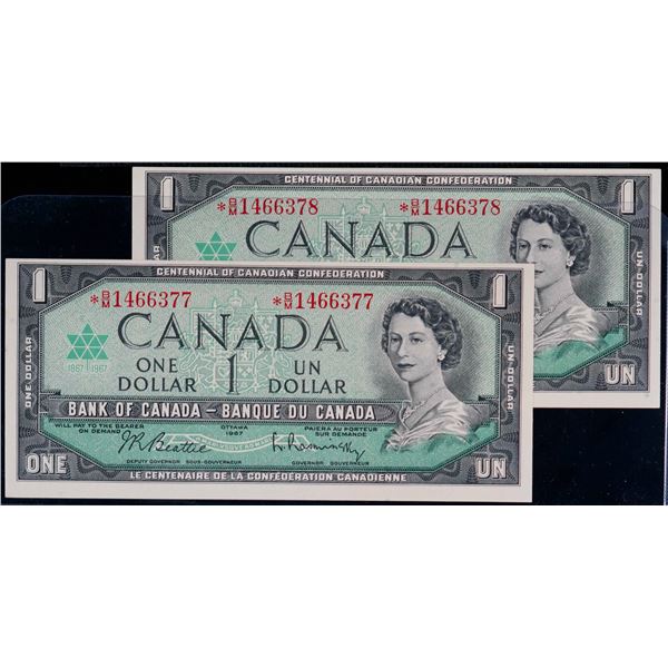Consecutive Pair; 1967 $1 BC-45bA #*B/M1466377-378, Both notes Au to Unc.