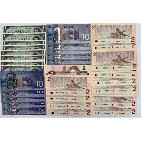 Banknote Lot;  1967 $1 Commem(21), 1986 $2(27) & 2017 $10(10).  Lot of Crisp AU to UNC notes, w/cons