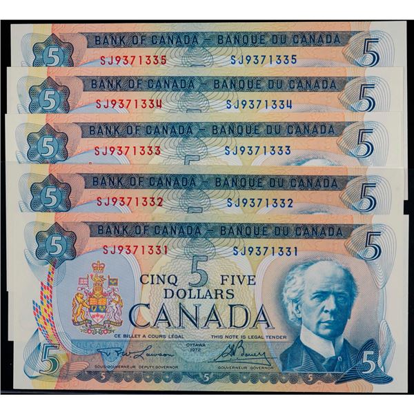 Consecutive run; 1972 $5 BC-48b #SJ9371331-335  Lot of 5 consecutive notes.  All crisp Unc to Choice
