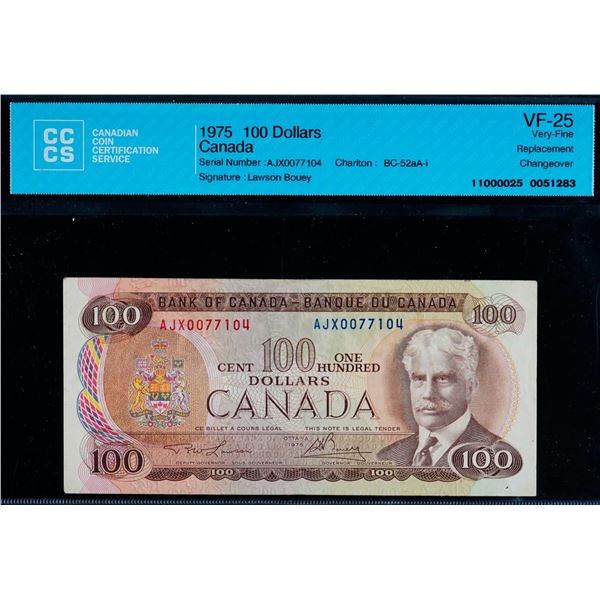 1975 $100 BC-52aA-i #AJX0077104 CCCS Choice Very Fine-25 - Replacement note.