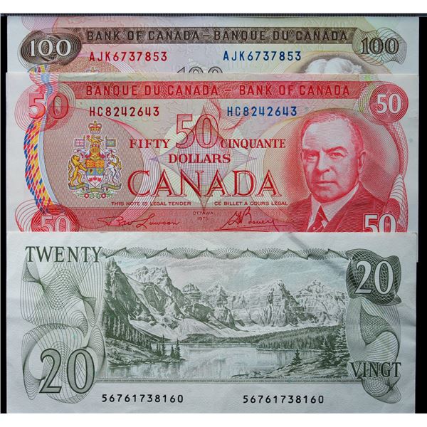 1975-2018 BANKNOTE LOT; 1979 $20, 1975 $59, 1975 $100, 2013 $5 (2), 2018 $10, All 6 notes AU to Gem 