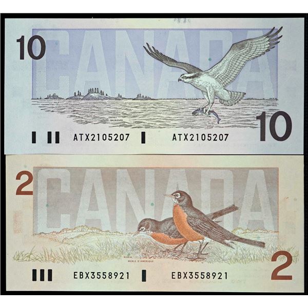 1986 $2 BC-55bA EBX & 1989 $10 BC-57aA ATX, Lot of 2 notes Choice Unc. Or better.