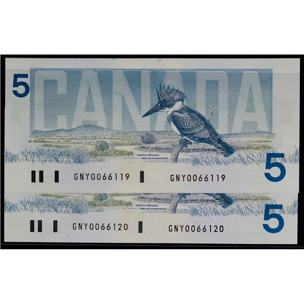 1986 $5 BC-56b #GNY006119-120 "T-C" Both notes Gem Unc.