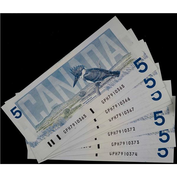1986 $5 BC-56c #GPH7910365-374, Lot of 10 Gem Unc. Notes.