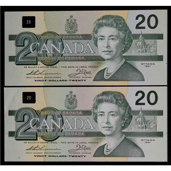 1991 $20 BC-58a-i & 58a-ii "AIT & EID", Lot of 2 notes AU or better.