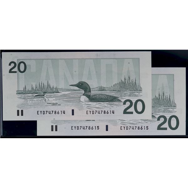 1991 $20 BC-58d #EYD7478614-615.  Both notes Choice Unc. Or better.