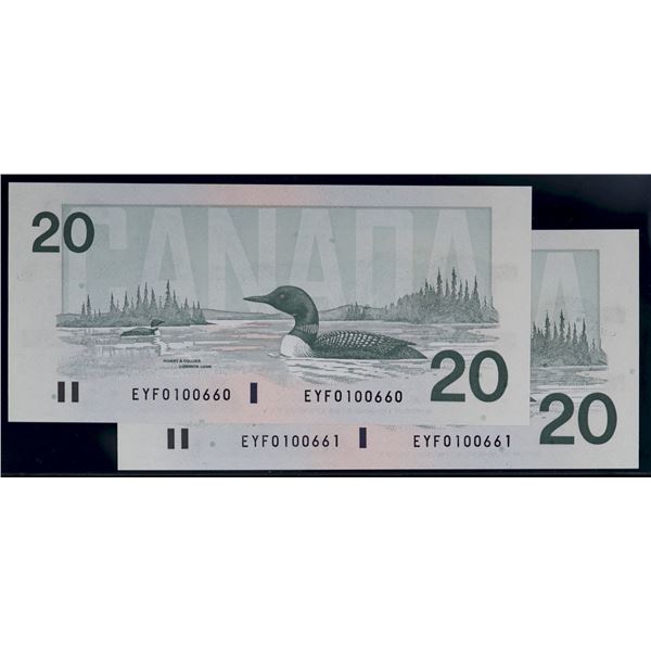 1991 $20 BC-58d #EYF0100660-661.  Both notes Choice Unc. Or better.