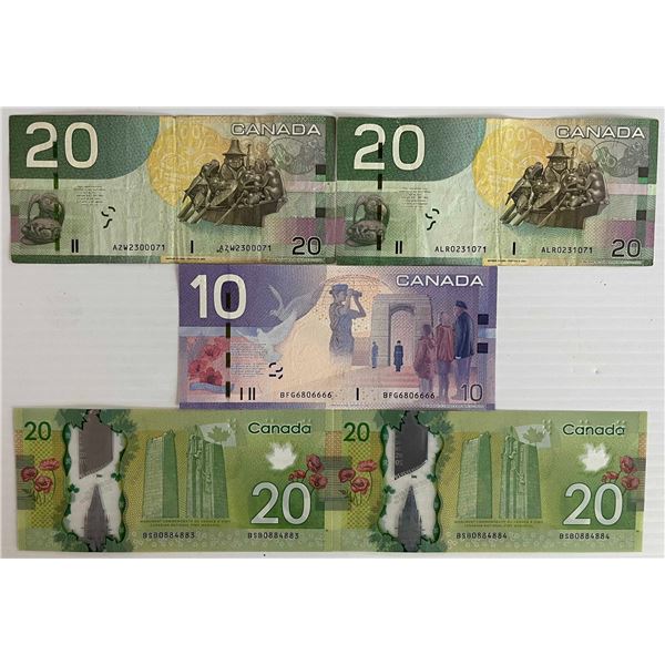 2004-2012 $10 & $20's VF to Unc.  Lot of 5 modern notes.