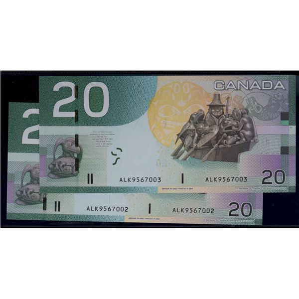 2005 $20 $BC-64a #ALK9567002-003 Both notes Choice Unc. Or better.