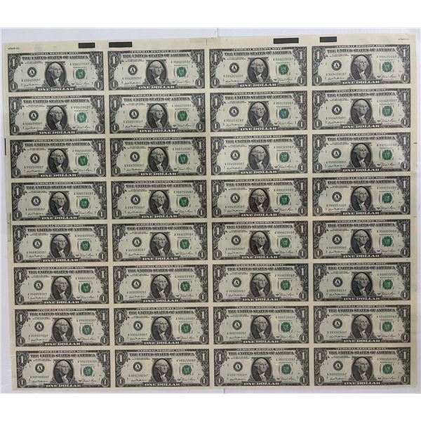 USA; Uncut Sheet of $1 "1981 series" - 32 notes Uncirculated or better.
