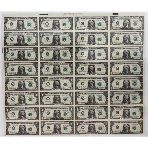 USA; Uncut Sheet of $1 "1988 series" - 32 notes Uncirculated or better.