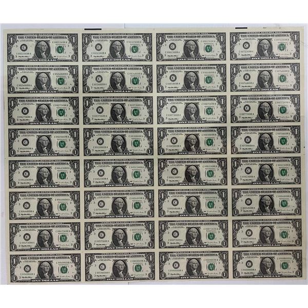 USA; Uncut Sheet of $1 "1995 series" - 32 notes Uncirculated or better.