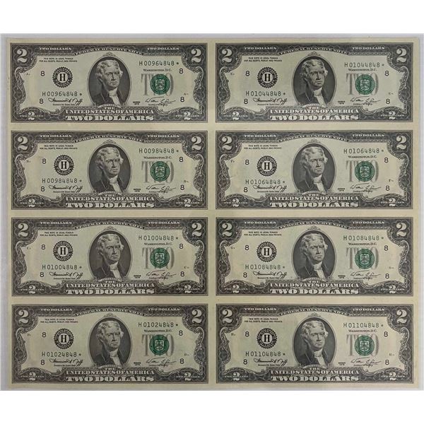 USA; Uncut Sheet of $2 "1976 series" - 8 notes Uncirculated or better.