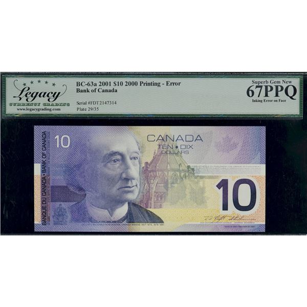 Error; 2001 $10 BC-63a #FDT2147314, Legacy Currency Grading Superb Gem Uncirculated-67PPQ. Incomplet