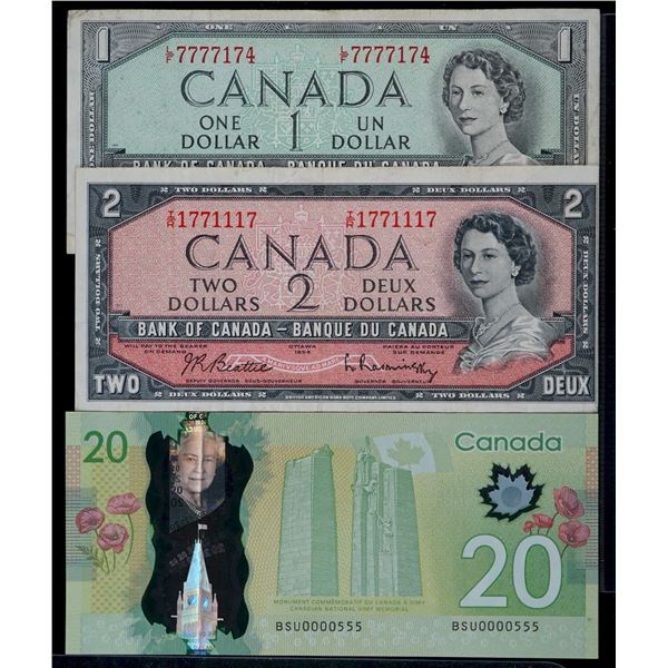 Fancy Numbers; 1954 $1 & $2 #LF7777174 & #IR1771117, 2012 $20 BSU0000555, Lot of 3 notes F to VF+.