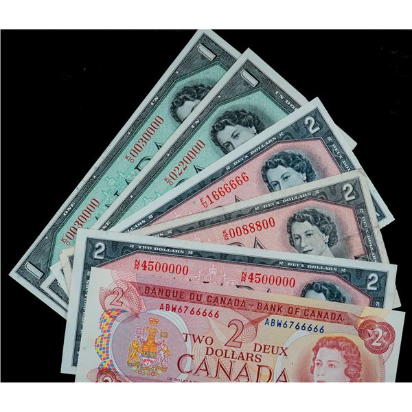 Fancy Numbers - 1954 $1's (2), 1954 $2 (3), 1974 $2  Very Fine to AU.  Lot of 6 notes.