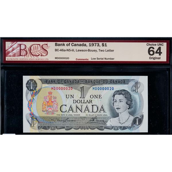 Low Number; 1973 $1 BC-46a #MD0000020 BCS Very Choice Uncirculated-64 Original