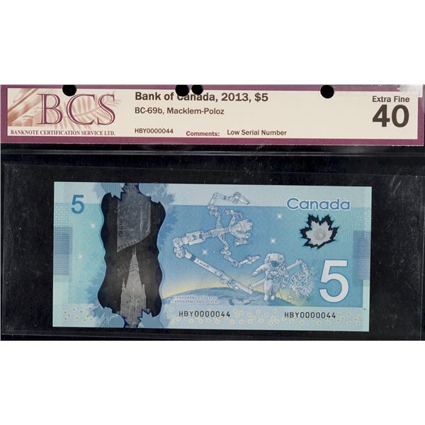Low Number; 2013 $5 BC-69b #HBT0000044 BCS Extra Fine-40