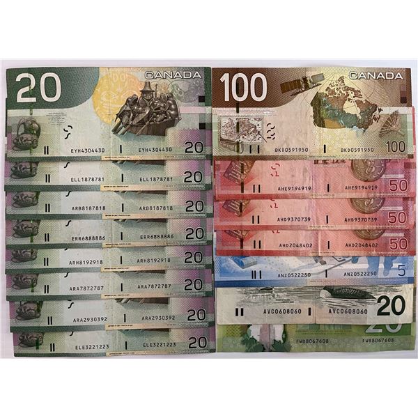 Radar Lot; 1991-2004 "3 & 4 digit radar notes".  Includes $5, $20's (10), $50 (3), $100, All 15 note