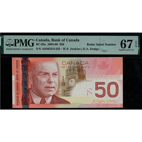 Radar;   2004-06 $50 BC-65a #AHM3341433, PMG Superb Gem Uncirculated-67EPQ.
