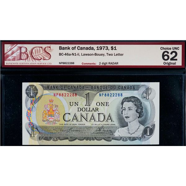 Radar; 1973 $1 BC-46a 2 Digit Radar #NP8822288 BCS Choice Uncirculated-62.