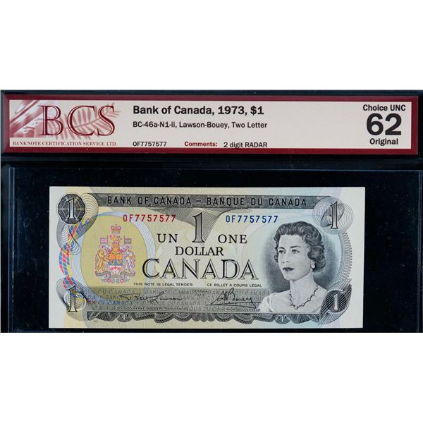 Radar; 1973 $1 BC-46a 2 Digit Radar #OF7757577 BCS Choice Uncirculated-62.