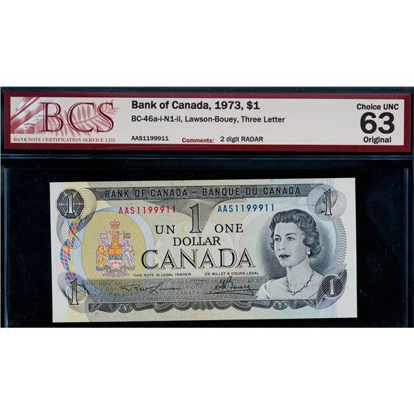 Radar; 1973 $1 BC-46a-i 2 Digit Radar #AAS1199911 BCS Choice Uncirculated-63.