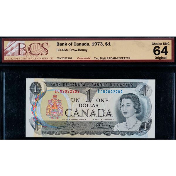 Radar; 1973 $1 BC-46b 2 Digit Radar #ECN2022202 BCS Very Choice Uncirculated-64.