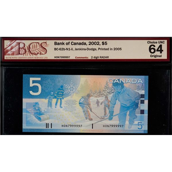 Radar; 2002 $5 BC-62b 2 Digit Radar #HON7999997 BCS UBC64.