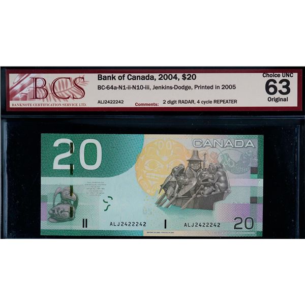 Radar; 2004 $20 BC-64a 2 Digit Radar #ALJ2422242 BCS Choice Uncirculated-63.