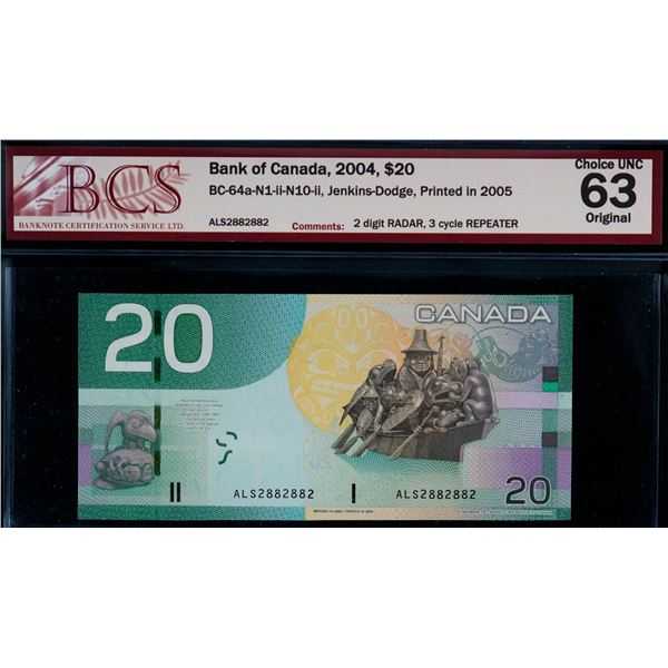 Radar; 2004 $20 BC-64a 2 Digit Radar #ALS2882882 BCS Choice Uncirculated-63.