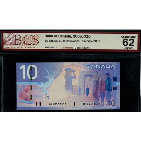 Radar; 2005 $10 BC-68a 2 Digit Radar #BTJ3353533 BCS Choice Uncirculated-62.