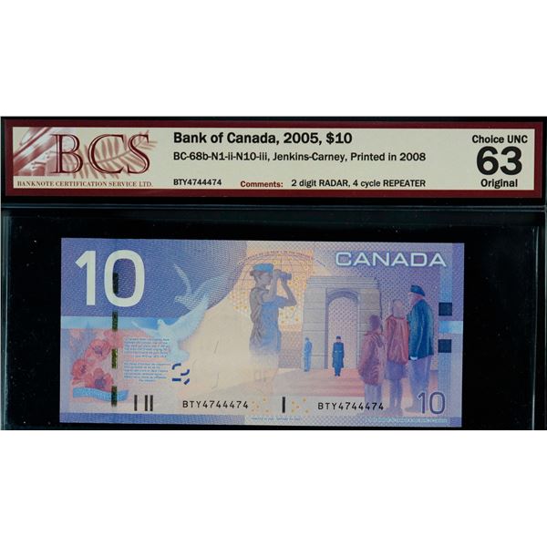 Radar; 2005 $10 BC-68b 2 Digit Radar #BTY4744474 BCS Choice Uncirculated-63.