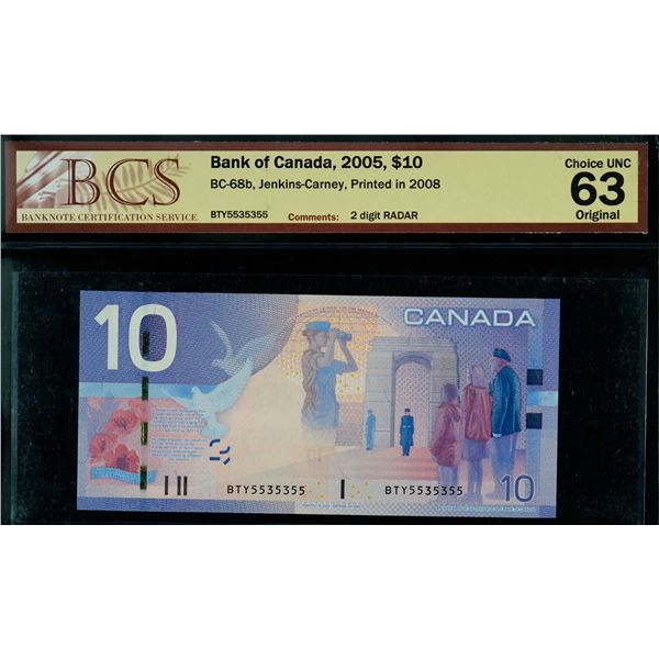 Radar; 2005 $10 BC-68b 2 Digit Radar #BTY5535355 BCS Choice Uncirculated-63.