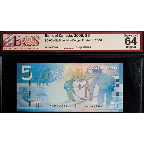 Radar; 2006 $5 BC-67a 2 Digit Radar #APC4455544 BCS Very Choice Uncirculated-64.