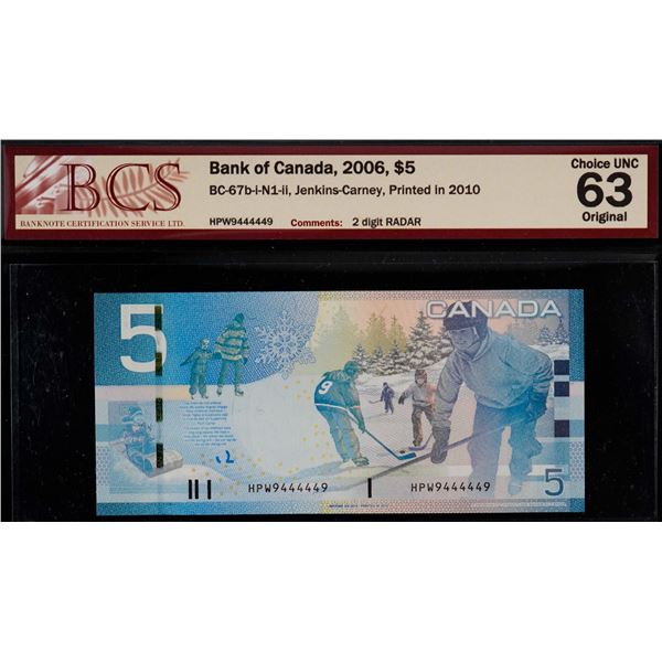 Radar; 2006 $5 BC-67b 2 Digit Radar #HPW9444449 BCS Choice Uncirculated-63.