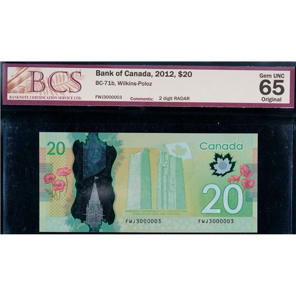 Radar; 2012 $20 BC-71b 2 Digit Radar #FWJ3000003 BCS Gem Uncirculated-65.