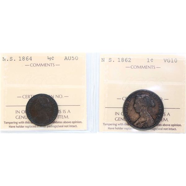 N.S. 1864 1/2¢, 1862 1¢ Both coins ICCS Very Good-10 & About Uncirculated-50.